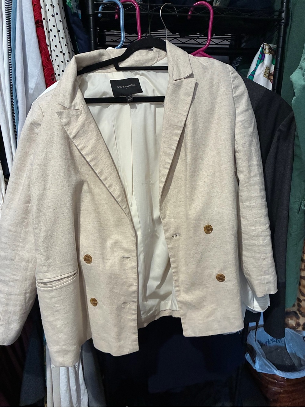 Banana Republic Cream Double-Breasted Linen-Blend Blazer